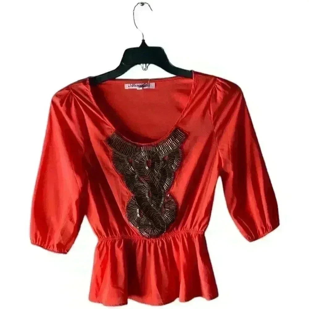 Annabella Blouse Blouse Women's Size Small Beaded Design Neckline Top Shirt